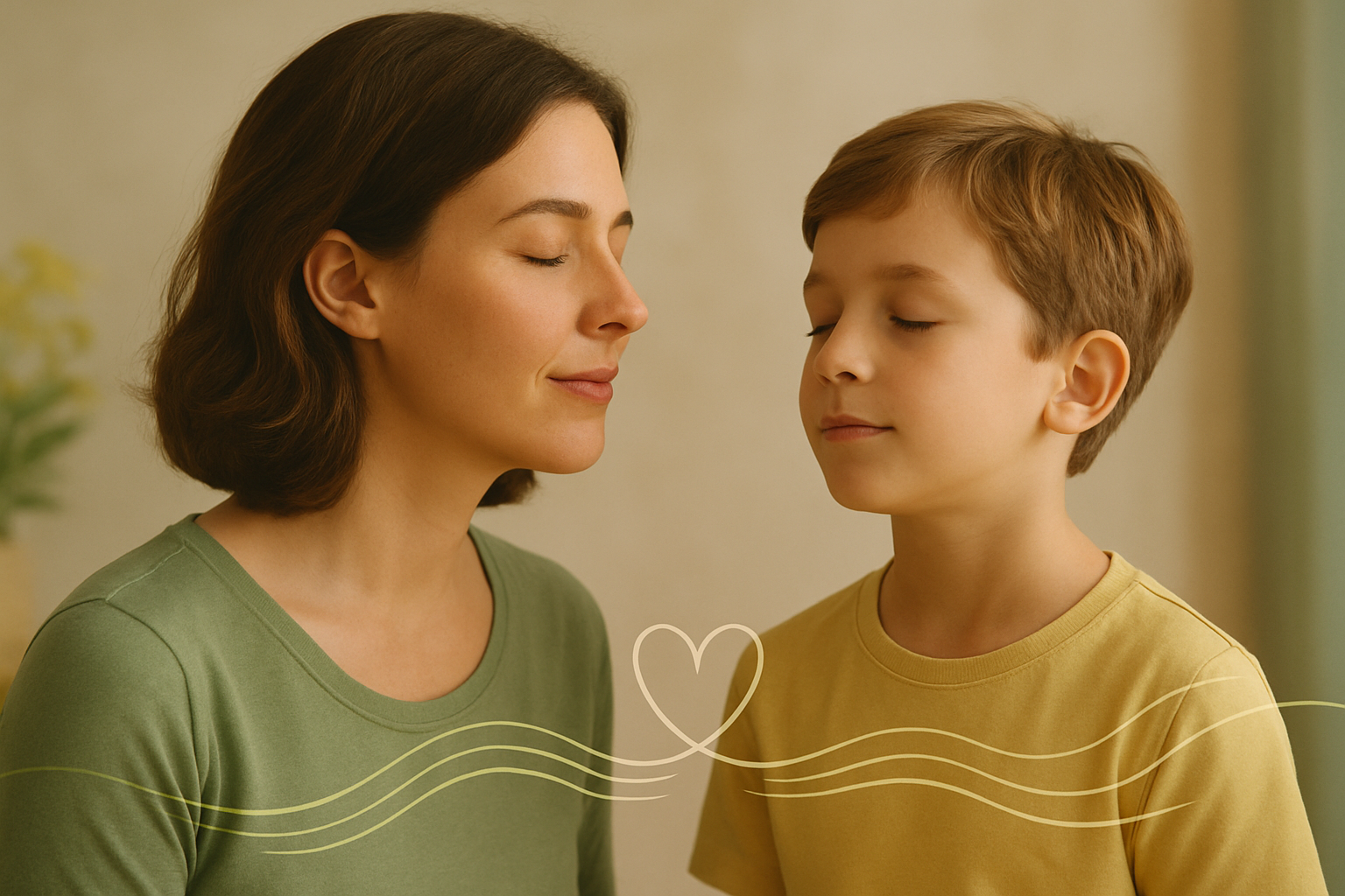Madre e hijo con los ojos cerrados frente a frente, compartiendo un momento de conexión emocional y respiración, con líneas gráficas suaves que simbolizan la unión emocional.