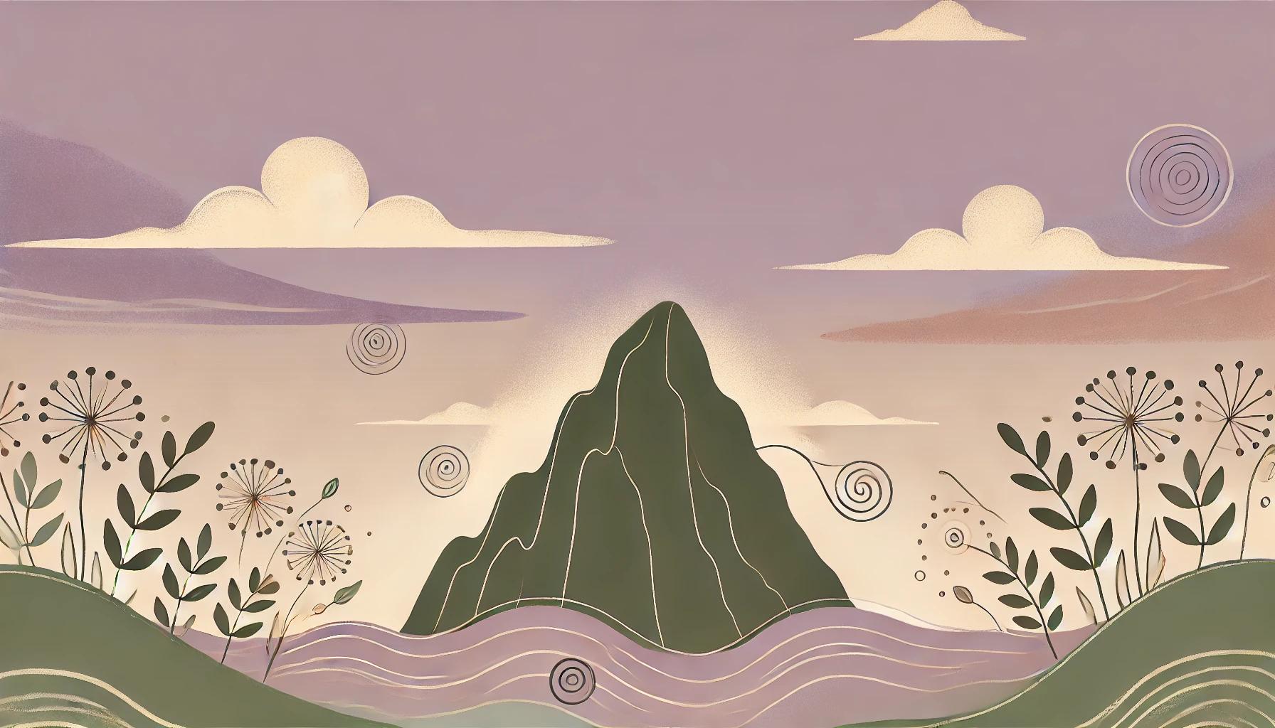 Ilustración suave y elegante de una montaña majestuosa al atardecer, rodeada de colinas verdes y flores delicadas, transmitiendo calma, estabilidad y conexión con la naturaleza.